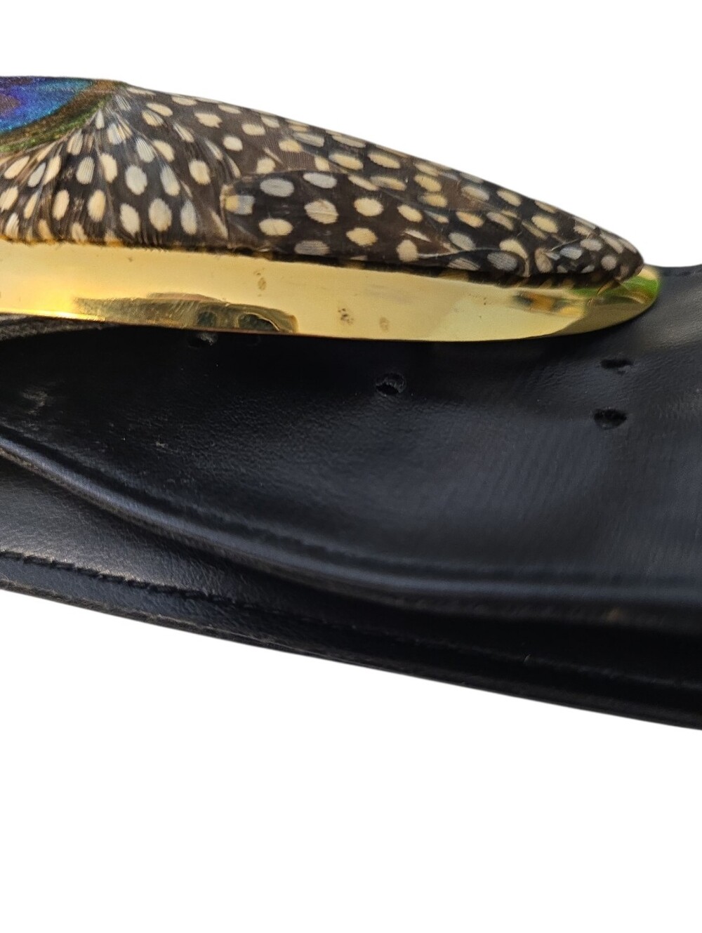 Lee Sands Black Leather Genuine Peacock Feathers Buckle Belt Size M/L READ - Picture 3 of 14